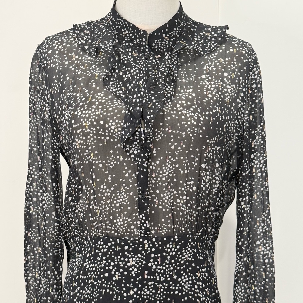 Maje Tiered Printed Metallic Fil Coupé Midi Dress 38 Medium Black Silk Wedding - Picture 7 of 16